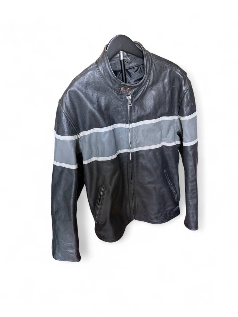 Men's Black Leather Bomber Jacket with Gray Stripe